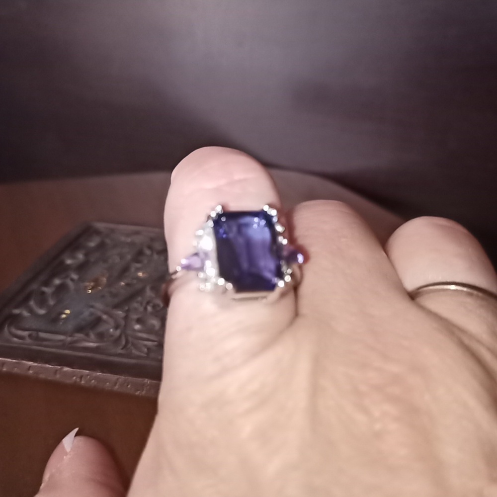 Large Emerald Cut Faux Amethyst Ring-Faux White Sapphire & Diamond Stones Sz 11 - Picture 5 of 8